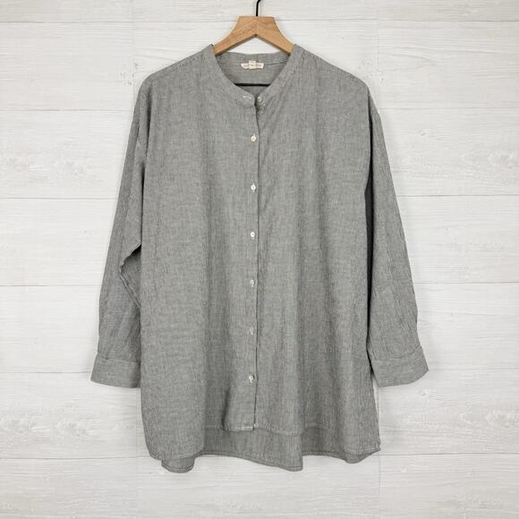 Eileen Fisher Organic Linen Cotton Tunic Shirt XL Gray Stripe Lagenlook Minimal - Picture 1 of 15